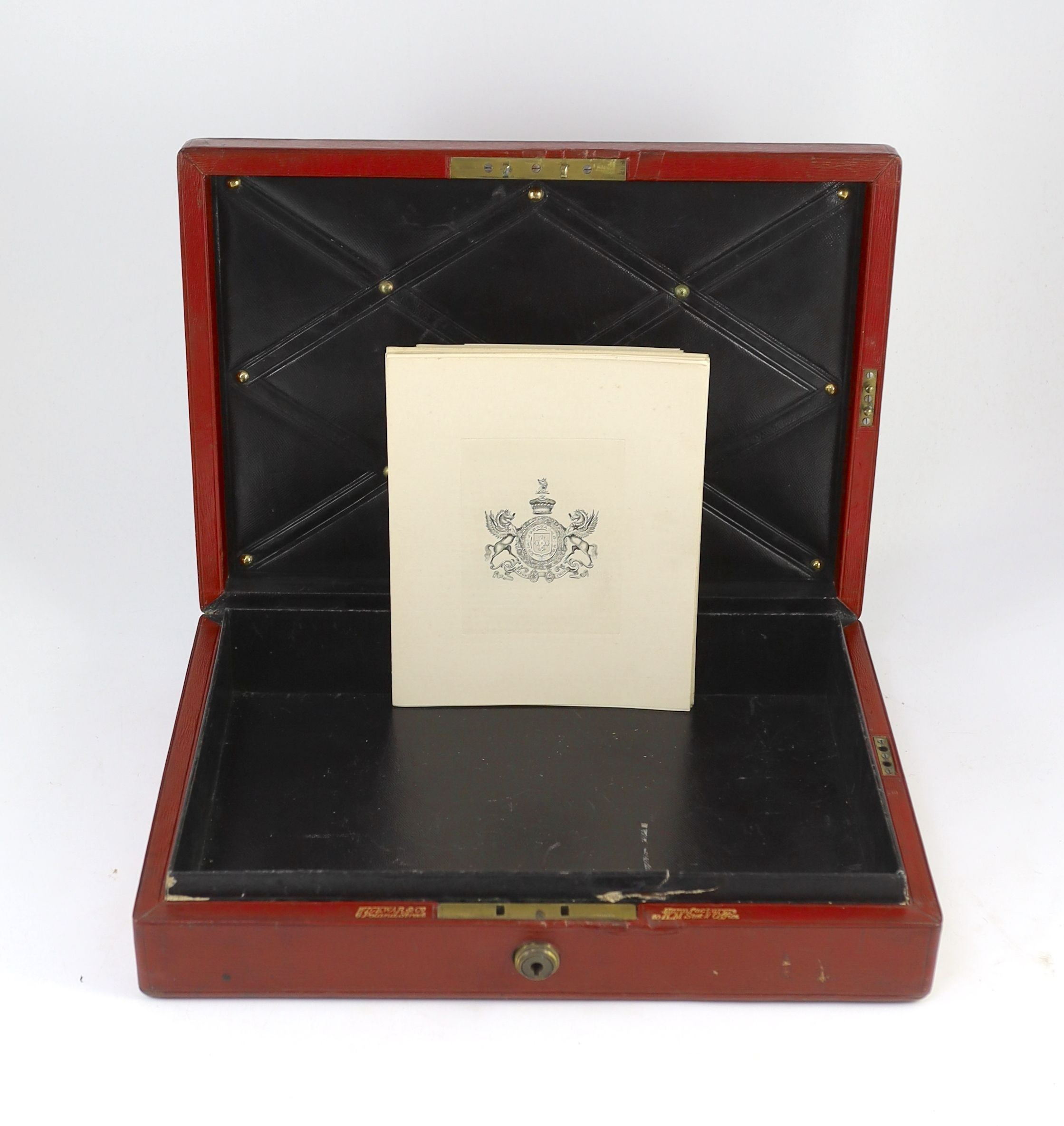 An early 20th century red morocco despatch box, formerly the property of Richard Assheton Cross, b.1882, width 42cm, depth 30cm, height 9.5cm